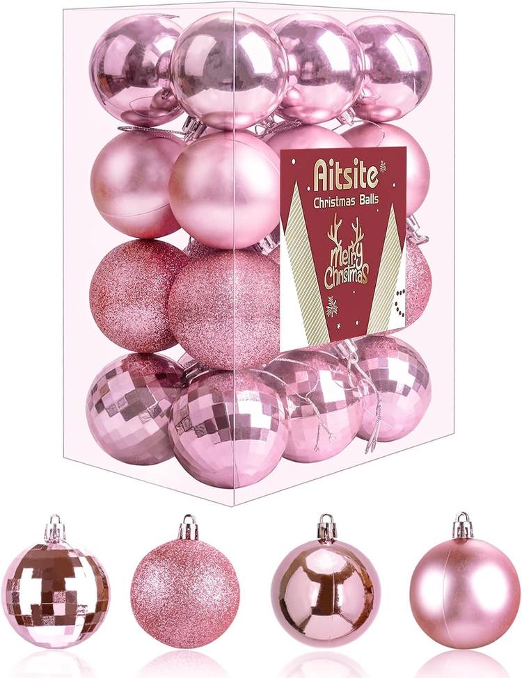 Aitsite Christmas Baubles, 24 Pcs Pink Xmas Baubles Christmas Decorations 6cm Hanging Christmas Balls Shatterproof Christmas Ornaments for Christmas Tree Home Festival Decoration(Pink)