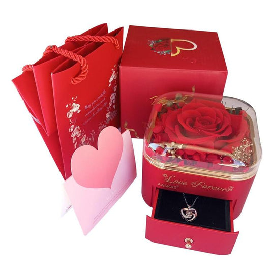 AASKAS Eternal Rose Box with I Love You Necklace | Birthday Gifts for Women Mum Wife Girlfriend | Preserved Forever Flower Present for Her Girl Sister on Anniversary Valentines Mothers Day Christmas