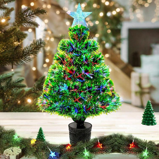 50cm Pre Lit Mini Christmas Tree Lighted Fiber Optic Tabletop Small Christmas Tree Artificial Desktop Xmas Tree with Ball/RGB Lighting for Home, Kitchen Decor(All in One Set)